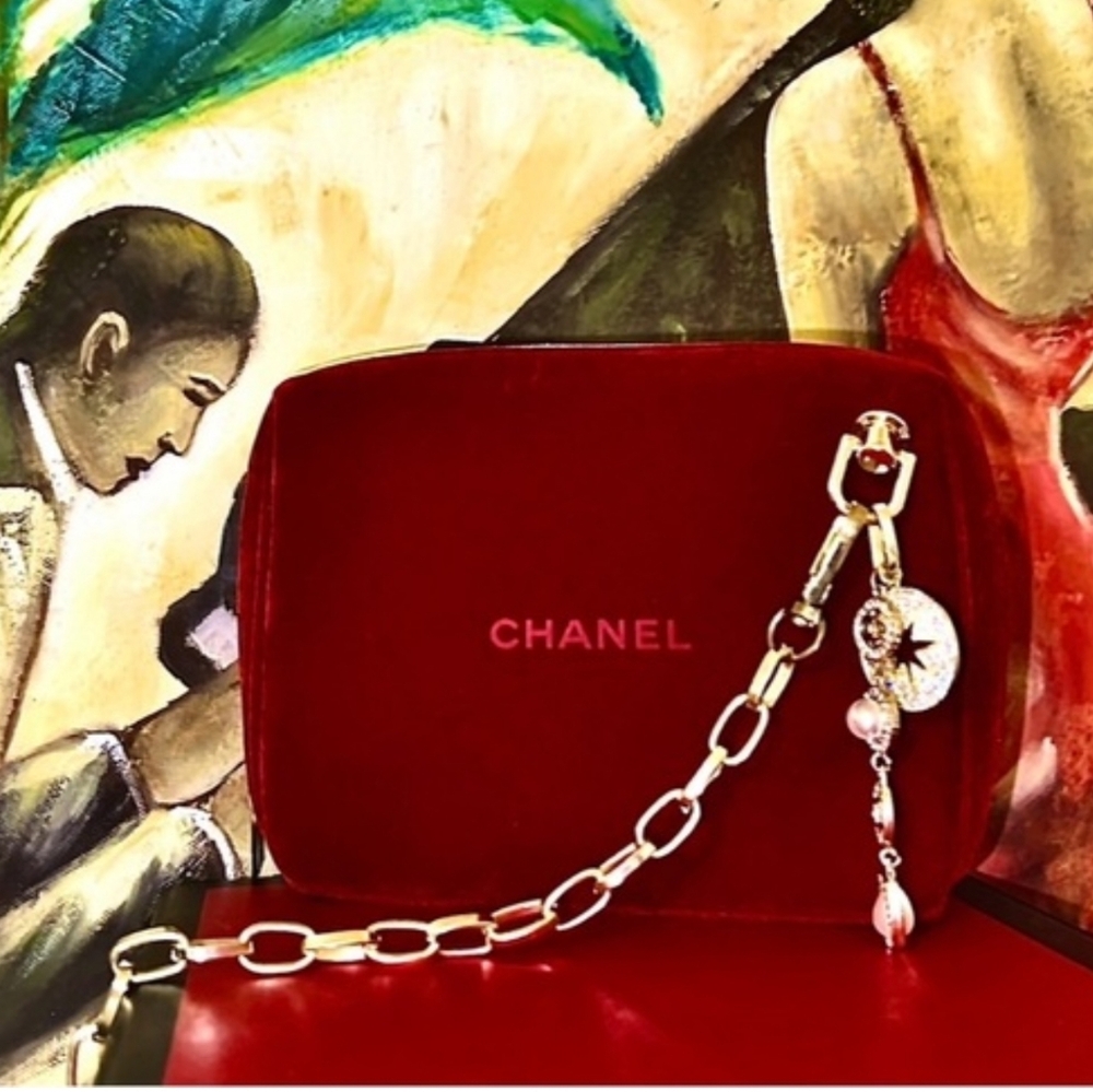 CHANEL Red Cosmetic Bag with Chain Accent